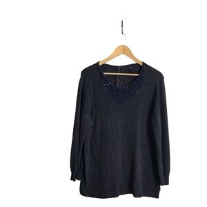J Crew Large Gray Navy Wool Blend Jeweled-starburst‎ Sparkle Sweater Holiday